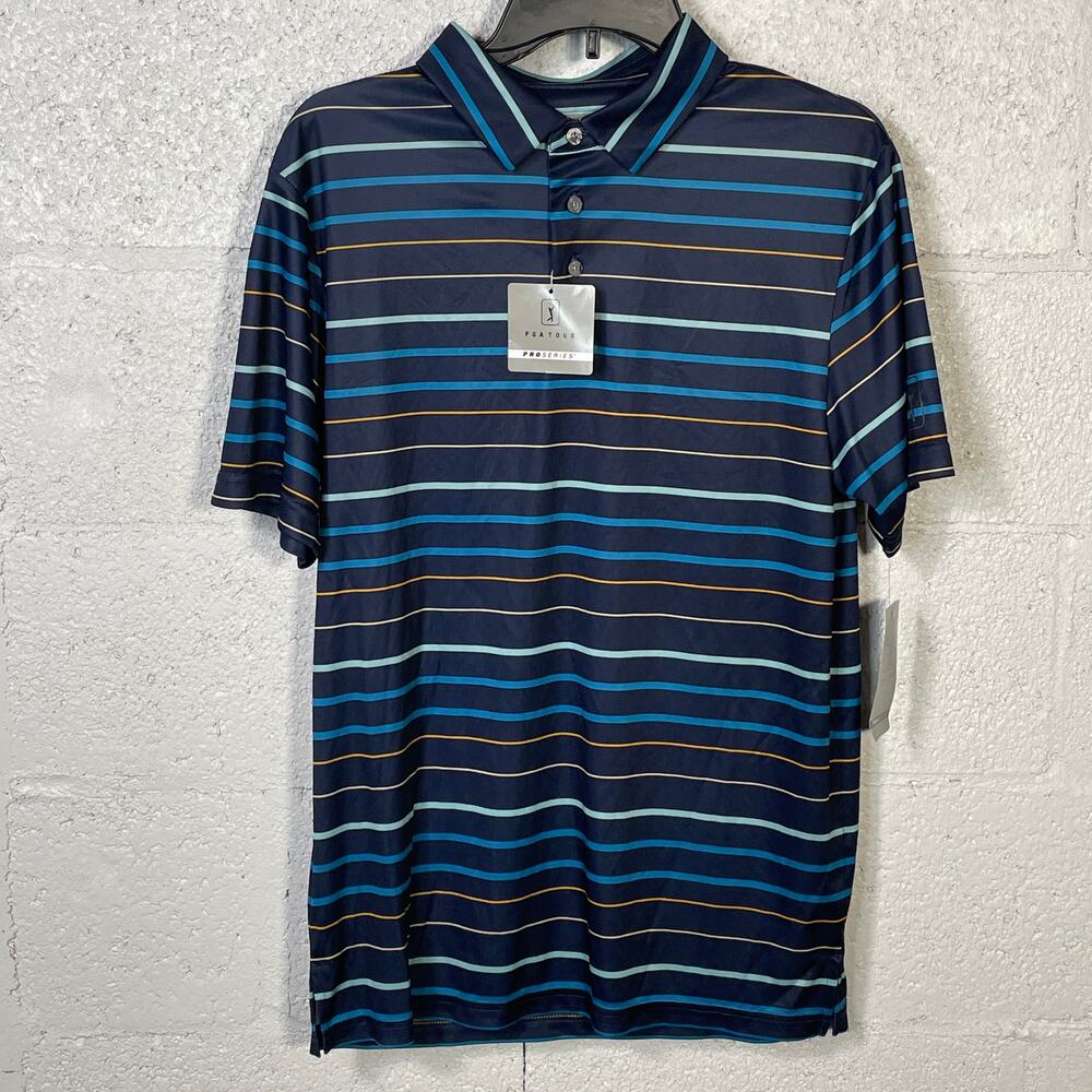 PGA TOUR Men's Fine Line Print Short Sleeve Golf Polo Shirt blue Medium